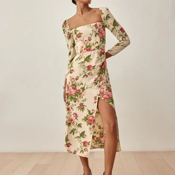 knee length dresses for ladies Reformation Cream Floral Long Sleeve Hooman Smocked Button Front A Line  Mini Dress Sz 2 main image 1